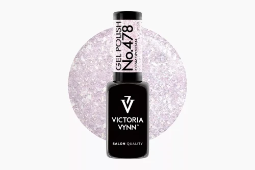 Jasnoliliowa próbka koloru z opalizującymi płatkami przy butelce lakieru hybrydowego 478 Cosmopolitan 8 ml