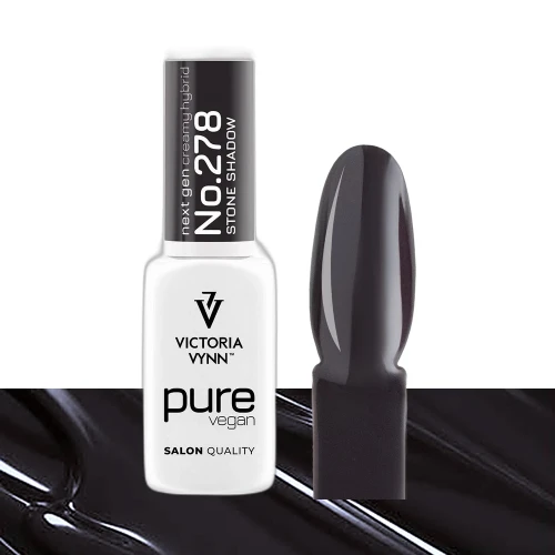 Lakier hybrydowy Victoria Vynn Pure Vegan Creamy Hybrid No.278 Stone Shadow 8ml - butelka obok paznokietnika w odcieniu chłodny grafit