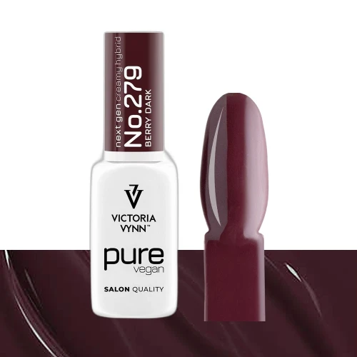 Lakier hybrydowy Victoria Vynn Pure Vegan Creamy Hybrid No.279 Berry Dark 8ml - butelka obok paznokietnika w odcieniu burgund