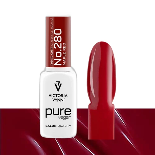 Lakier hybrydowy Victoria Vynn Pure Vegan Creamy Hybrid No.280 Maple Red 8ml - butelka obok paznokietnika w odcieniu krwista czerwień