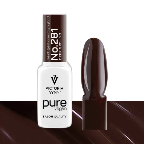 Lakier hybrydowy Victoria Vynn Pure Vegan Creamy Hybrid No.281 Deep Ground 8ml - butelka obok paznokietnika w odcieniu brąz