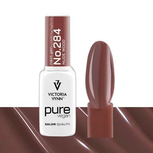 Lakier hybrydowy Victoria Vynn Pure Vegan Creamy Hybrid No.284 Nude Wood 8ml - butelka obok paznokietnika w odcieniu jasny brąz