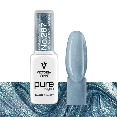 Lakier hybrydowy Victoria Vynn Pure Vegan Creamy Hybrid No.287 Shade of Rain 8ml - butelka obok paznokietnika w odcieniu niebiesko szary z efektem cat eye