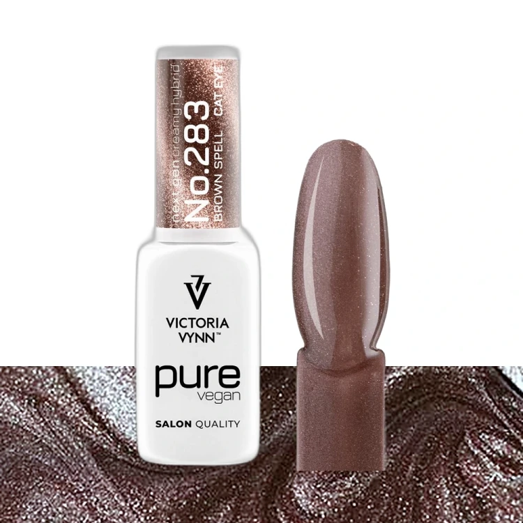 Lakier hybrydowy Victoria Vynn Pure Vegan Creamy Hybrid No.283 Brown Spell 8ml - butelka obok paznokietnika w odcieniu jasny brąz z efektem cat eye