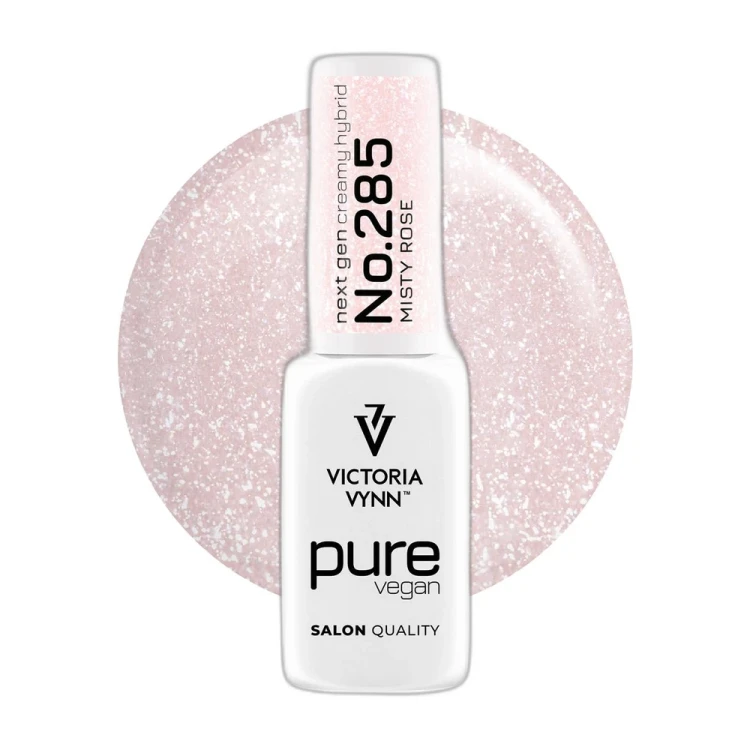 Lakier hybrydowy Victoria Vynn Pure Vegan Creamy Hybrid No.285 Misty Rose 8ml - butelka na kole koloru, półtransparentny mleczny róż z kawałkami folii