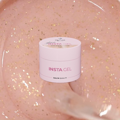 INSTA GEL 12 Golden Hour 40 ml na tle żelu nude z płatkami złotej folii