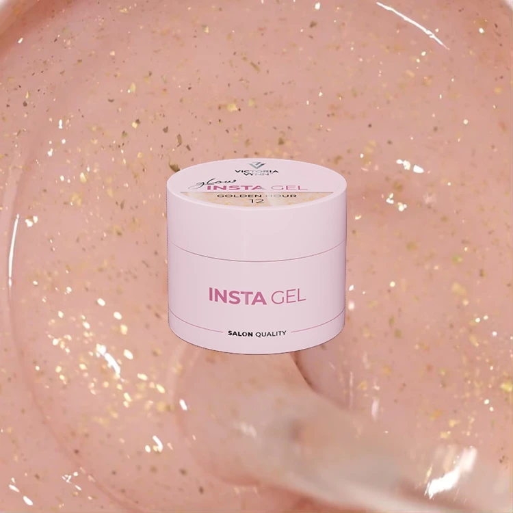 INSTA GEL 12 Golden Hour 40 ml na tle żelu nude z płatkami złotej folii