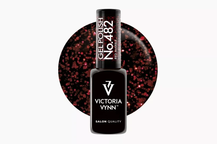Victoria Vynn Gel Polish 482 Red Marble 8 ml, butelka lakieru hybrydowego na tle czarnego wybarwienia z czerwonym brokatem