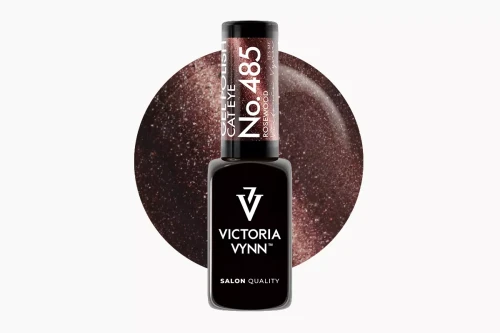 Victoria Vynn Gel Polish 485 Cat Eye Rosewood 8 ml, butelka lakieru hybrydowego na tle wybarwienia z efektem kociego oka