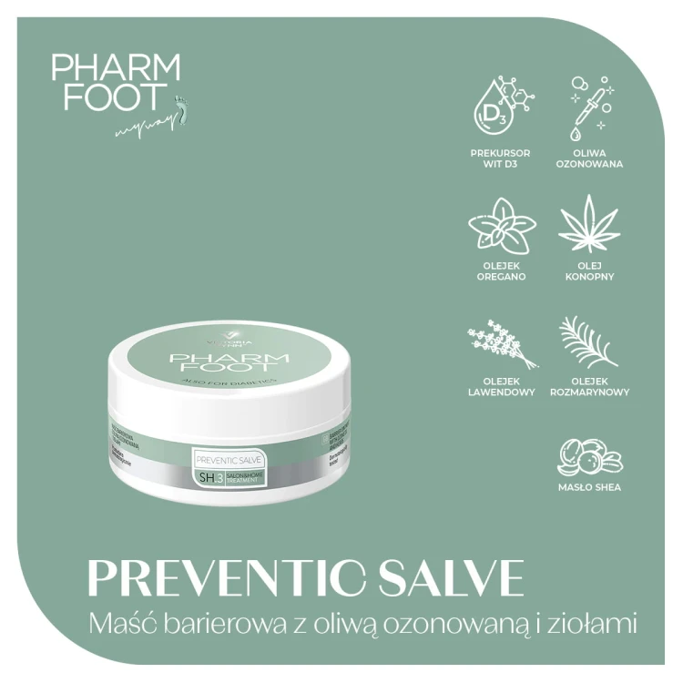 Składniki aktywne maści PREVENTIC SALVE: oliwa ozonowana, olejki oregano, lawendowy i rozmarynowy, olej konopny, masło shea, prekursor wit. D3