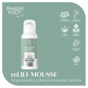 Składniki aktywne pianki reLIEF MOUSSE: oliwa ozonowana, ekstrakt z arniki i kasztanowca, olej konopny, mentol, prekursor wit. D3