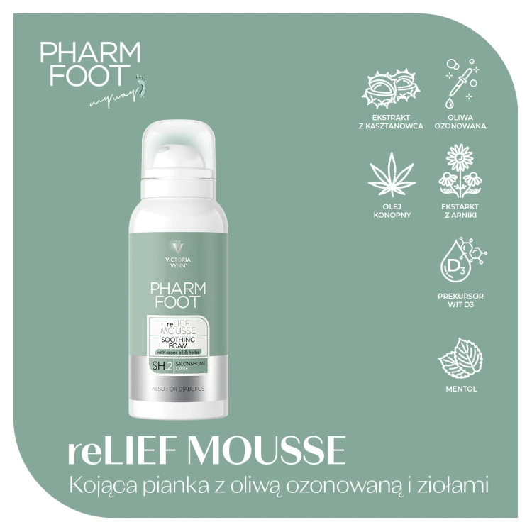 Składniki aktywne pianki reLIEF MOUSSE: oliwa ozonowana, ekstrakt z arniki i kasztanowca, olej konopny, mentol, prekursor wit. D3
