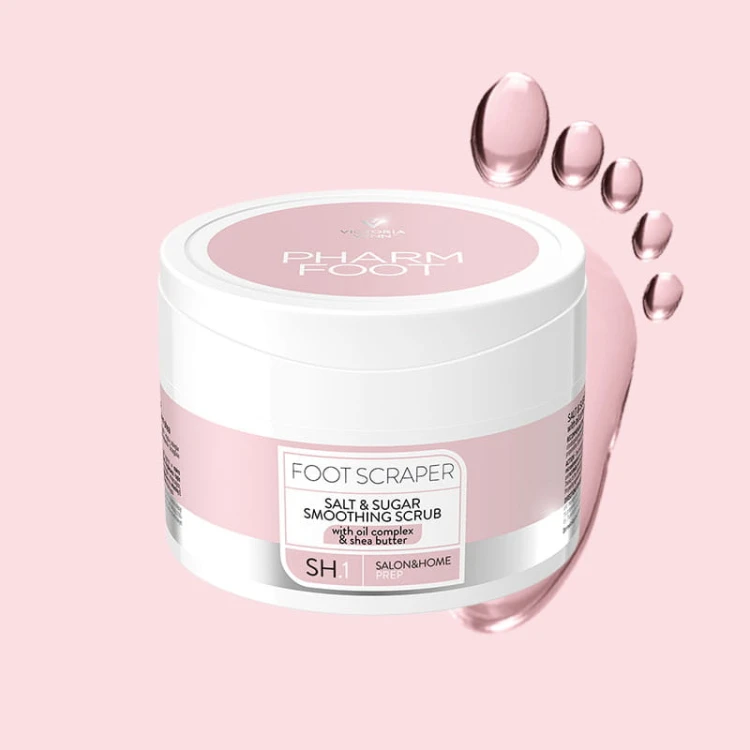 Słoik peelingu FOOT SCRAPER Pharm Foot 200 g na różowym tle